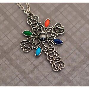 Vintage Celtic Multicolored Silver Cross Necklace, 24 Inches by Avon - G24